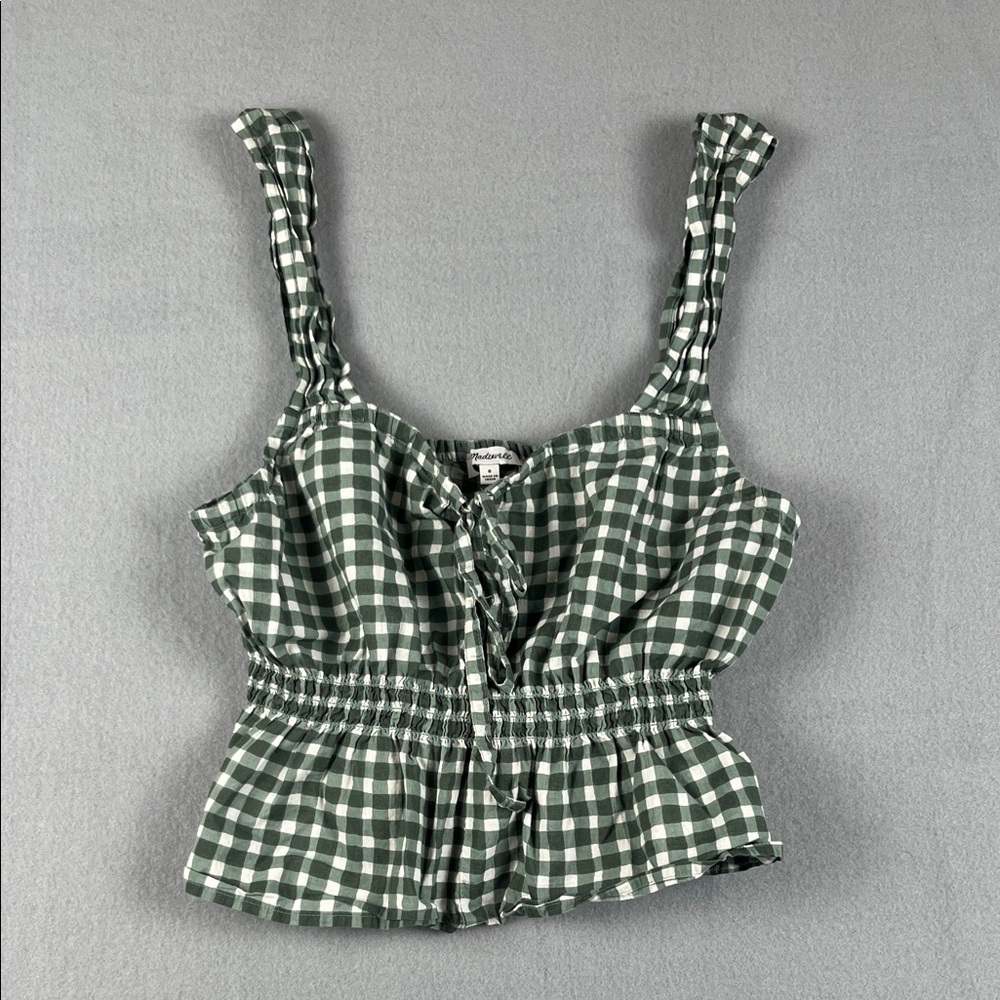Madewell Smocked Gingham peplum Cropped Top
Size: Small